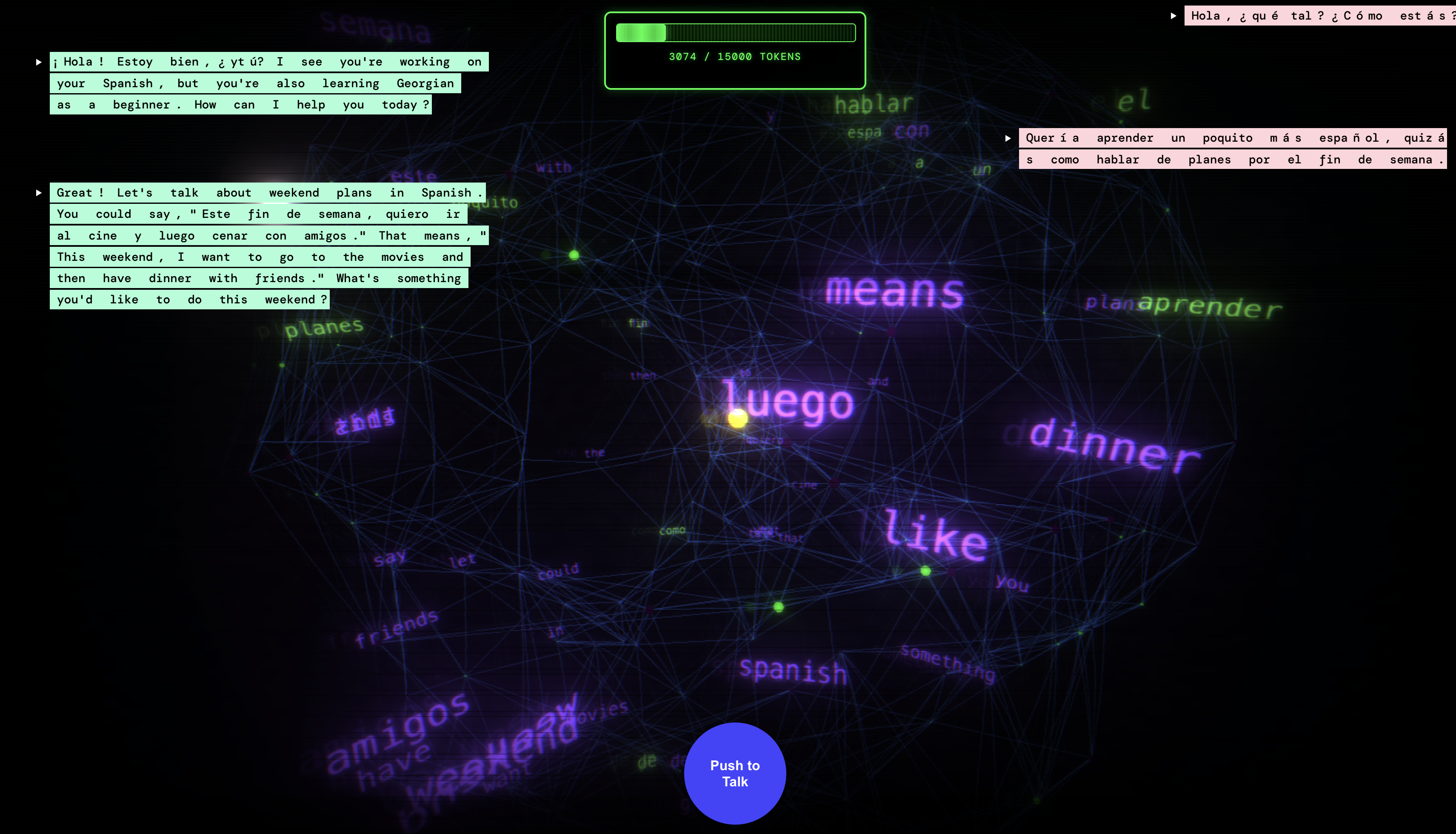 Tinge — expanded word cloud with active Spanish conversation